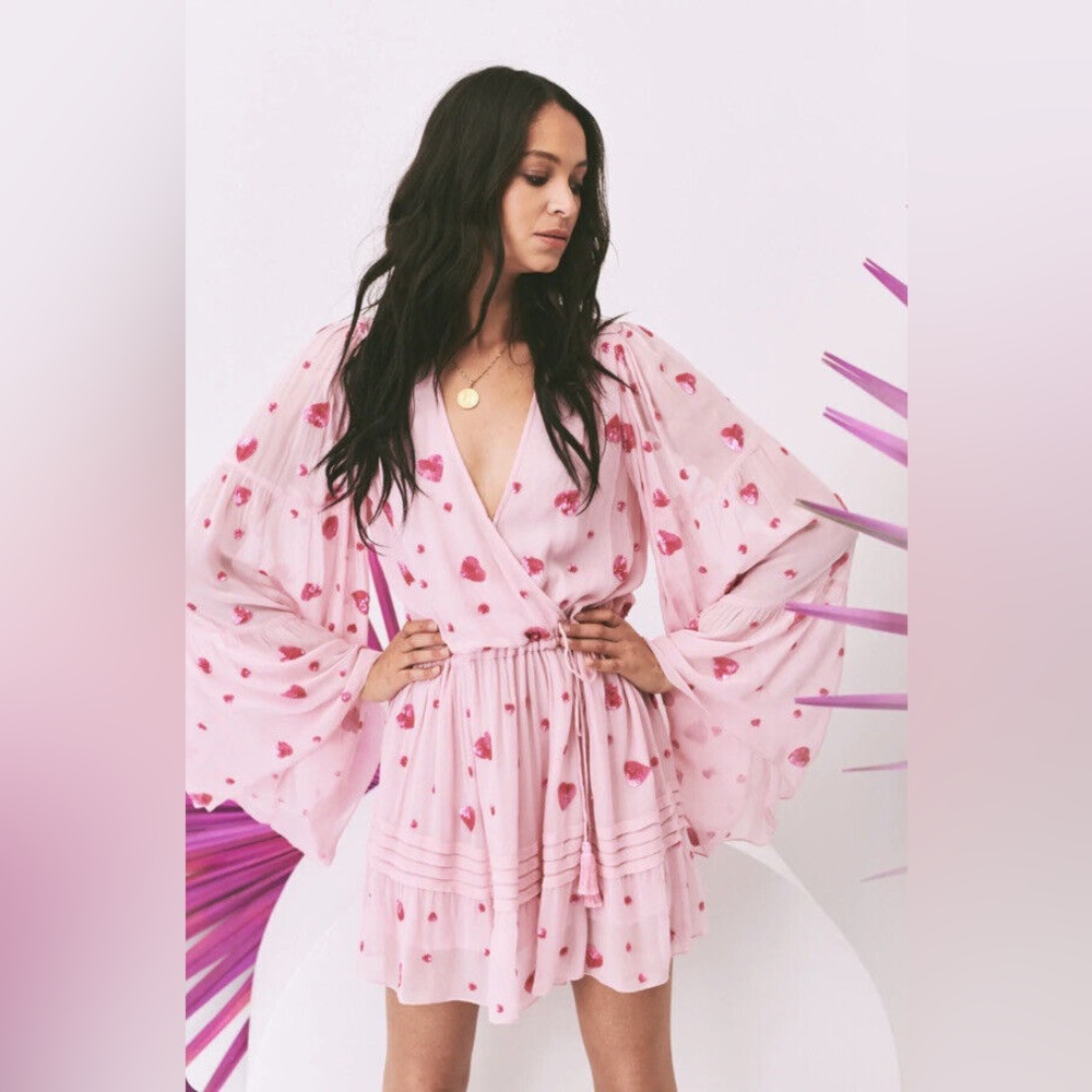 ROCOCO SAND TALA SHORT BELL-SLEEVE PINK SEQUIN HEARTS WRAP DRESS
